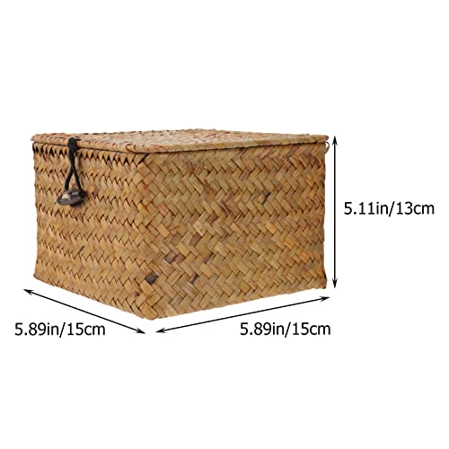 DOITOOL Basket Small Handwoven Rattan Storage Basket Seagrass Organizer Container with Lid Shelf Baskets with Lid Desktop Makeup Organizer Multipurpose Container (10x10x10cm) Small Basket