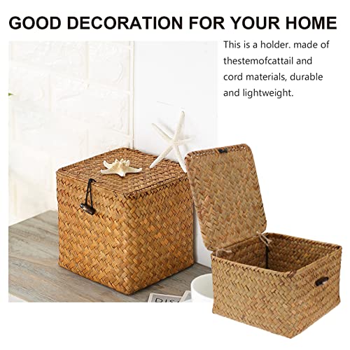 DOITOOL Basket Small Handwoven Rattan Storage Basket Seagrass Organizer Container with Lid Shelf Baskets with Lid Desktop Makeup Organizer Multipurpose Container (10x10x10cm) Small Basket