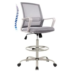 zunmos drafting tall, counter office, high standing, ergonomic mesh computer task chair with armrests and adjustable foot-ring for bar height desk, grey