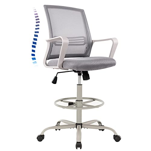 ZUNMOS Drafting Tall, Counter Office, High Standing, Ergonomic Mesh Computer Task Chair with Armrests and Adjustable Foot-Ring for Bar Height Desk, Grey