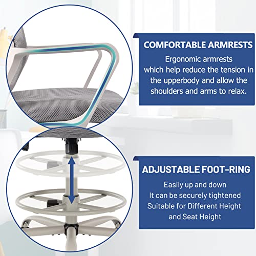 ZUNMOS Drafting Tall, Counter Office, High Standing, Ergonomic Mesh Computer Task Chair with Armrests and Adjustable Foot-Ring for Bar Height Desk, Grey