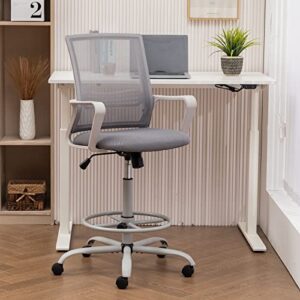 ZUNMOS Drafting Tall, Counter Office, High Standing, Ergonomic Mesh Computer Task Chair with Armrests and Adjustable Foot-Ring for Bar Height Desk, Grey