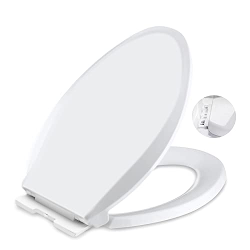 Toilet Seat Elongated, Toilet Cover, Quiet and Soft Close, Easy to Install and Remove, Ergonomic Design,Polypropylene(Plastic), White, for Elongated Oval Toilets (Long Hinge Frame)