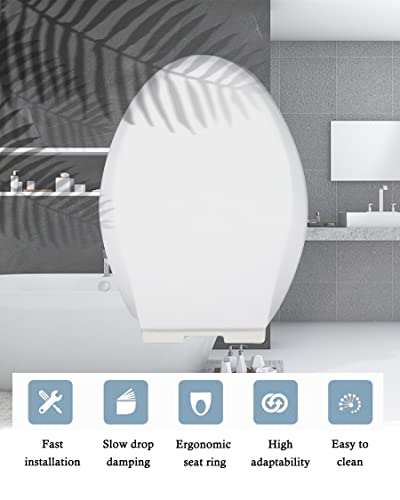 Toilet Seat Elongated, Toilet Cover, Quiet and Soft Close, Easy to Install and Remove, Ergonomic Design,Polypropylene(Plastic), White, for Elongated Oval Toilets (Long Hinge Frame)