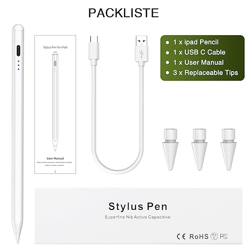 Stylus Pen for ipad 2018-2023, HATOKU Quick Charging Pencil for ipad with Tilt Sensitivity & Palm Rejection, Magnetic Pen for ipad Air 3/4/5, ipad Mini 5/6, ipad 6-10 Gen, ipad Pro 11''/12.9" (White)