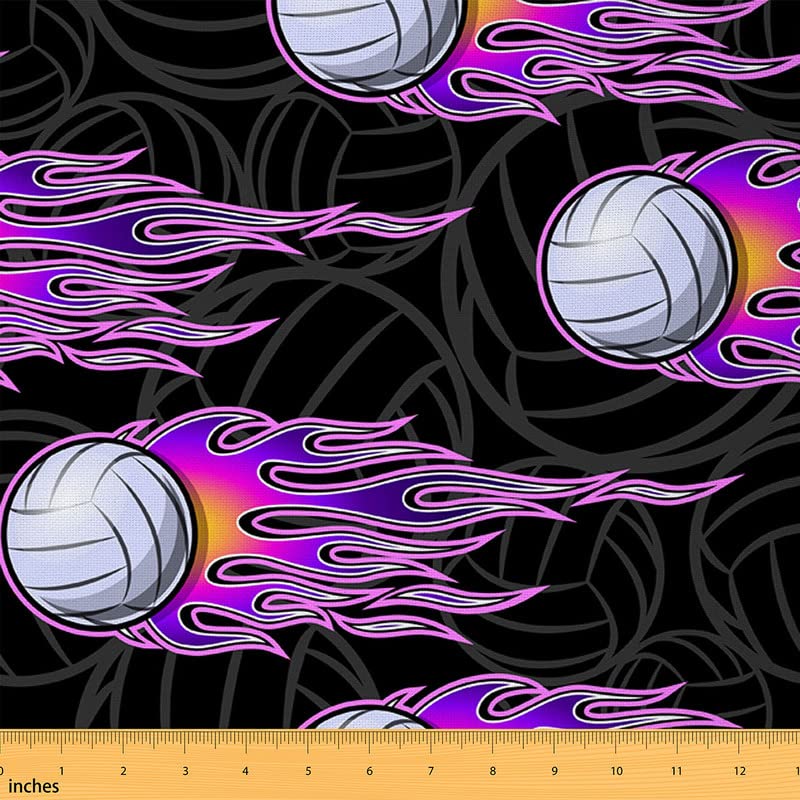 Feelyou Volleyball Fabric by The Yard, Volleyball Sports Theme Design Illustration Fabric for Home DIY Projects, Hot Rod Flame Pattern Decorative Waterproof Fabric, 2 Yards, Purple Black