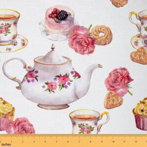 feelyou floral fabric by the yard, vintage watercolor teapots teacup cakes theme upholstery fabric for chairs and home diy projects, romantic flowers decorative waterproof fabric, 1 yard