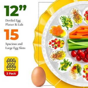 Deviled Egg Containers with Lid - (3 Pack) 15 Slot Deviled Egg Platters with Lid for Party, Disposable Tray Deviled Egg Carrier with Lid, Stackable Clear Plastic Trays for Eggs and Finger Food