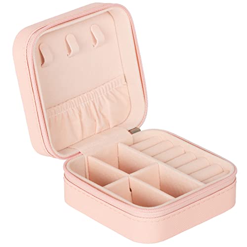 GOTDYA PU Leather Small Travel Jewelry Case,Portable Jewelry Box with Zipper for Organized and Storing Jewelry,Light Pink