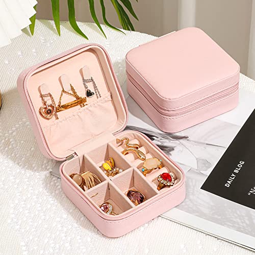 GOTDYA PU Leather Small Travel Jewelry Case,Portable Jewelry Box with Zipper for Organized and Storing Jewelry,Light Pink