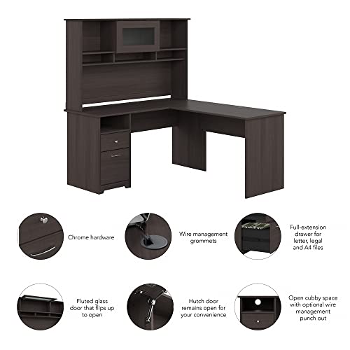 Bush Furniture Cabot 60W Single Pedestal L Desk with Hutch, Heather Gray