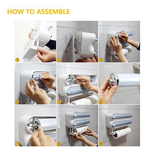 Magnetic Plastic Wrap Dispenser with Cutter - Refillable Aluminum Tin Foil and Plastic Wrap Organizer for Kitchen, Quasziwa Upgraded 3 in 1 Paper Towel Holder Wall Mount - Fits 12" Roll, White