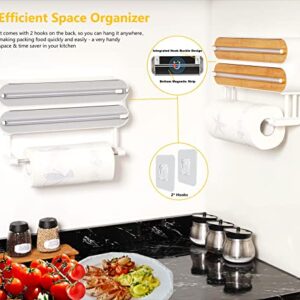 Magnetic Plastic Wrap Dispenser with Cutter - Refillable Aluminum Tin Foil and Plastic Wrap Organizer for Kitchen, Quasziwa Upgraded 3 in 1 Paper Towel Holder Wall Mount - Fits 12" Roll, White