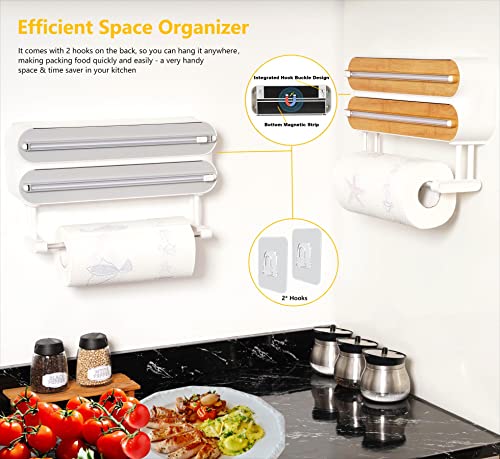 Magnetic Plastic Wrap Dispenser with Cutter - Refillable Aluminum Tin Foil and Plastic Wrap Organizer for Kitchen, Quasziwa Upgraded 3 in 1 Paper Towel Holder Wall Mount - Fits 12" Roll, White