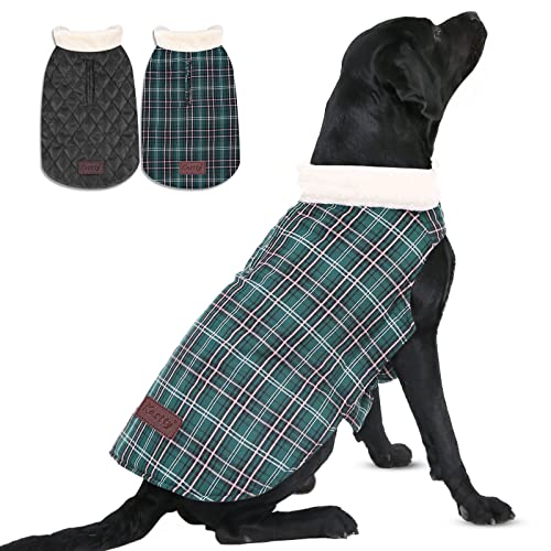 Kastty Dog Coat, Reversible Extra Warm Dog Clothes, Waterproof Stylish & Cosy Dog Jacket, British Style Plaid+ Simple Versatile 2 Style Dog Winter Coat, Great for Dog Gift or Daily Wear, M