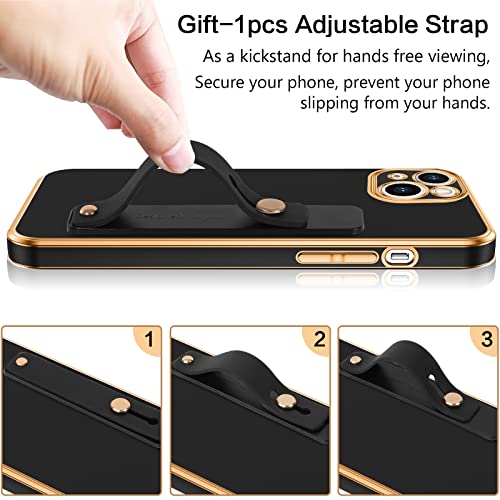 BENTOBEN Compatible with iPhone 13 Case, Slim Luxury Electroplated Bumper Women Men Girl Protective Soft Case Cover with Strap for iPhone 13 6.1 inch,Black/Gold