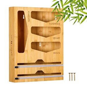 the aj store storage bag organizer: 6-in-1 bamboo slider bag dispenser for kitchen drawer with aluminum foil and wrap cutter, compatible with ziploc hefty glad solimo - gallon quart sandwich snack