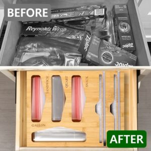 THE AJ STORE Storage Bag Organizer: 6-in-1 Bamboo Slider Bag Dispenser for Kitchen Drawer with Aluminum Foil and Wrap Cutter, Compatible with Ziploc Hefty Glad Solimo - Gallon Quart Sandwich Snack