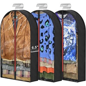 [newest] garment bags for hanging cloths, 6.5" gussetes 40" moth proof cover suits bag with zipper for closet storage travel, clear storage bags protecting coat sweater jacket shirts, 3 pack-black.