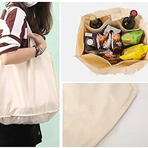 LONGTEN Reusable Grocery Bags Large Shopping Bags Cotton Eco Tote Bags Durable Canvas Bags Foldable Bags Compartment multi-pocket Design Beige