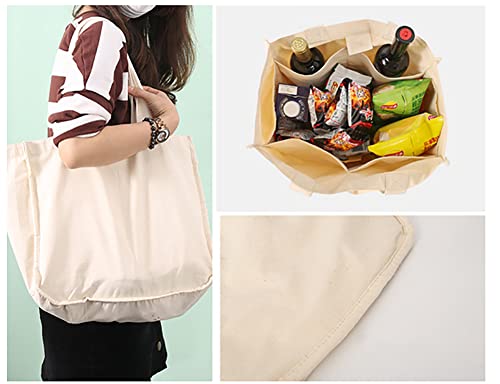 LONGTEN Reusable Grocery Bags Large Shopping Bags Cotton Eco Tote Bags Durable Canvas Bags Foldable Bags Compartment multi-pocket Design Beige