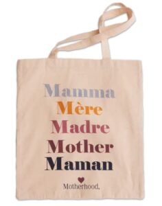 motherhood reusable cotton canvas tote bag, cloth bag suitable for grocery shopping, running errands, books, gym (mamma languages)