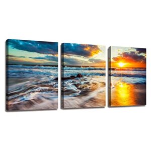 canvas wall art beach sunset ocean waves nature pictures hd prints 3 pieces stretched canvas wooden framed artwork for living room bedroom and office living room wall decor size:12"x16"x3