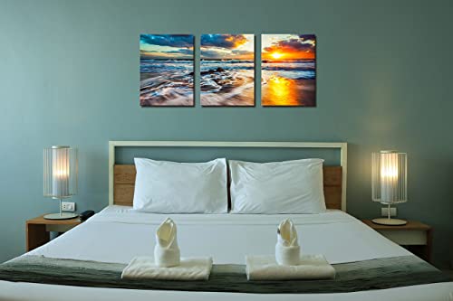 Canvas Wall Art Beach Sunset Ocean Waves Nature Pictures HD Prints 3 Pieces Stretched Canvas Wooden Framed Artwork for living Room Bedroom and Office living Room Wall Decor Size:12"x16"x3