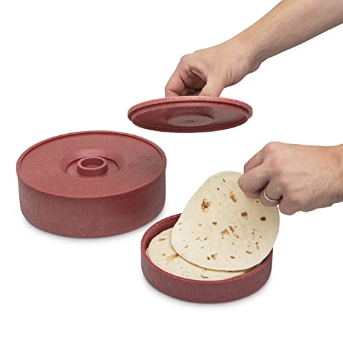 RUAFOX 2 Pack of Red Tortilla Warmer with Lid - 9" and 7" Soft Tortillas Waffle and Pancake Keeper- Microwave Insulated Thermal Plastic Server- Comes with Premium Coated Metal Green Lime Squeezer