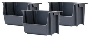 mighty tuff large stackable storage bins, pack of 3, easy-access storage, large easy-to-grip handles, wide front opening, interlocking, stack vertically, cool grey