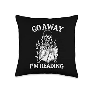 witch aesthetic clothing, costumes, and gifts go away i'm reading, skeleton book throw pillow, 16x16, multicolor