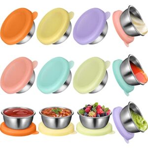mimorou 12 pieces salad dressing container to go stainless steel condiment containers with lid reusable sauce silicone leakproof dipping cups for lunch box picnic travel, blue,orange,pink,purple