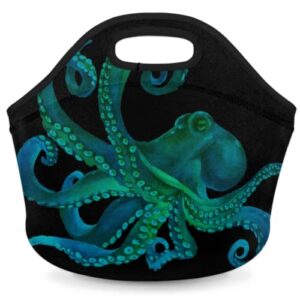 insulated neoprene lunch bag for women men kids watercolor green sea octopus lunch box reusable small lunch tote bag cooler bag for school work picnic