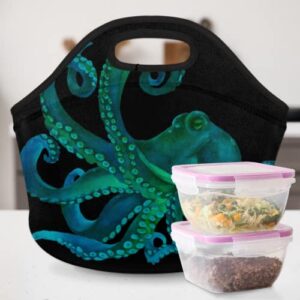 Insulated Neoprene Lunch Bag for Women Men Kids Watercolor Green Sea Octopus Lunch Box Reusable Small Lunch Tote Bag Cooler Bag for School Work Picnic