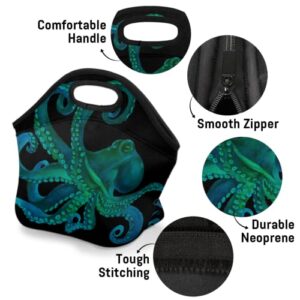 Insulated Neoprene Lunch Bag for Women Men Kids Watercolor Green Sea Octopus Lunch Box Reusable Small Lunch Tote Bag Cooler Bag for School Work Picnic