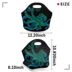 Insulated Neoprene Lunch Bag for Women Men Kids Watercolor Green Sea Octopus Lunch Box Reusable Small Lunch Tote Bag Cooler Bag for School Work Picnic