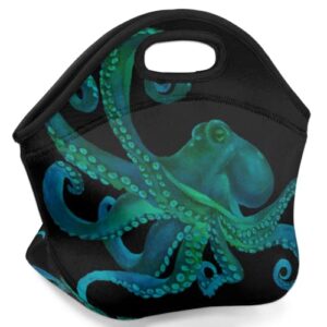 Insulated Neoprene Lunch Bag for Women Men Kids Watercolor Green Sea Octopus Lunch Box Reusable Small Lunch Tote Bag Cooler Bag for School Work Picnic