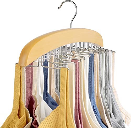3 Pack Tank Top Hanger with Premium Wood,24 Large Capacity Foldable Metal Hooks,Space Saving,360° Rotating,Closet Organizer for Tank Tops/Bras/Scarfs/Ties/Belts/Camisole/Bathing Suits/Stockings