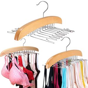 3 pack tank top hanger with premium wood,24 large capacity foldable metal hooks,space saving,360° rotating,closet organizer for tank tops/bras/scarfs/ties/belts/camisole/bathing suits/stockings