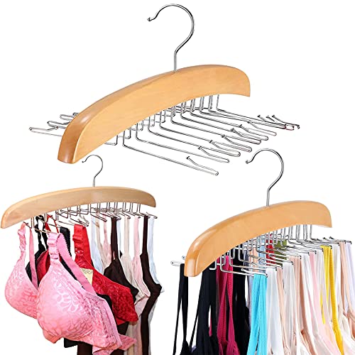 3 Pack Tank Top Hanger with Premium Wood,24 Large Capacity Foldable Metal Hooks,Space Saving,360° Rotating,Closet Organizer for Tank Tops/Bras/Scarfs/Ties/Belts/Camisole/Bathing Suits/Stockings