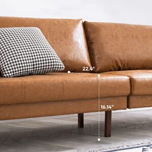 Vonanda Faux Leather Sofa Couch, Mid-Century 73 Inch 3 Seater Leather Couch with Hand-Stitched Comfort Cushion and Bolster Pillows for Living Room,Elegant Cognac Tan