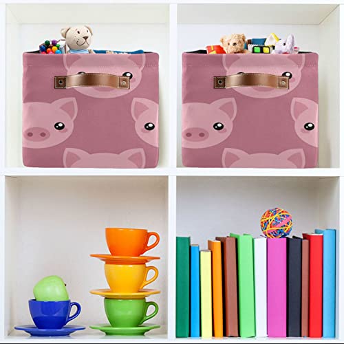 Kigai Pink Pig Cartoon Storage Baskets Rectangle Foldable Canvas Fabric Organizer Storage Boxes with Handles for Home Office Decorative Closet Shelves Clothes Storage