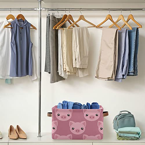 Kigai Pink Pig Cartoon Storage Baskets Rectangle Foldable Canvas Fabric Organizer Storage Boxes with Handles for Home Office Decorative Closet Shelves Clothes Storage