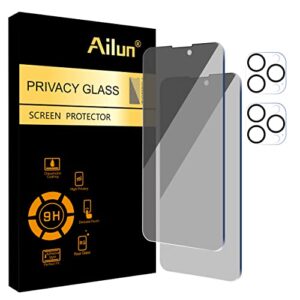ailun 2 pack privacy screen protector for iphone 14 pro[6.1 inch display] + 2 pack camera lens protector, sensor protection, dynamic island compatible, anti spy private tempered glass film, case friendly, [9h hardness] - hd [black][4 pack]