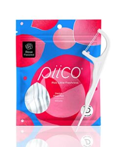 piico rose floss picks with xylitol, 100 counts, unbreakable and shred-resistant flossers for adults, resealable pack, long-lasting unique flavored dental floss picks, doubles as portable dental picks