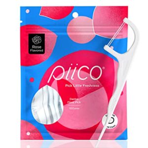 Piico Rose Floss Picks with Xylitol, 100 Counts, Unbreakable and Shred-Resistant Flossers for Adults, Resealable Pack, Long-Lasting Unique Flavored Dental Floss Picks, Doubles as Portable Dental Picks