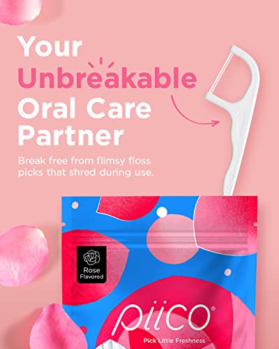 Piico Rose Floss Picks with Xylitol, 100 Counts, Unbreakable and Shred-Resistant Flossers for Adults, Resealable Pack, Long-Lasting Unique Flavored Dental Floss Picks, Doubles as Portable Dental Picks