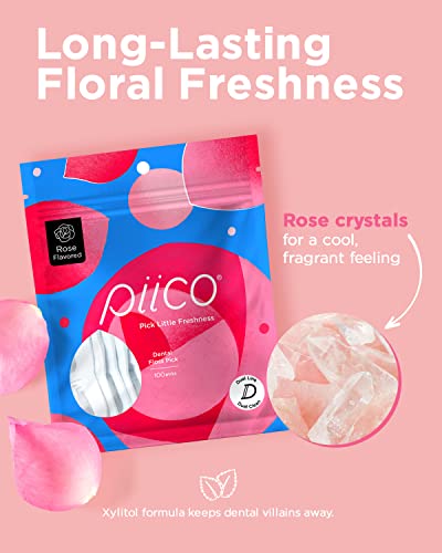 Piico Rose Floss Picks with Xylitol, 100 Counts, Unbreakable and Shred-Resistant Flossers for Adults, Resealable Pack, Long-Lasting Unique Flavored Dental Floss Picks, Doubles as Portable Dental Picks