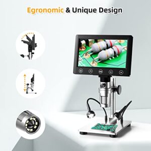 Elikliv EDM07 Industrial Microscope, 7" LCD Digital Microscope with Touch Button, 1200X Soldering Coin Microscope, Ultra-Bright LED Light, Metal Stand, 32GB SD Card Included, Windows/Mac Compatible