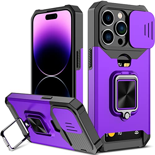 Nvollnoe for iPhone 14 Pro Case with Sliding Camera Cover and Card Holder Heavy Duty Protective iPhone 14 Pro Case with Ring Magnetic Kickstand Phone Case for iPhone 14 Pro 6.1 inch(Purple)